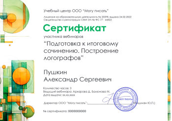 Сертификат участника вебинара "Подготовка к итоговому сочинению. Построение логографов"